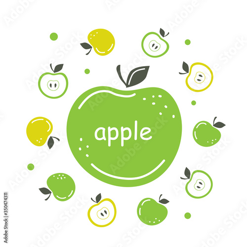 Vector poster with fresh apples and halves on a white background. Summer fruits. Vegeterian food.