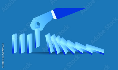 Hand takes one of domino boards to stop domino effect mean fast way to stop damage concept flat illustration Business about smart work flat illustration design