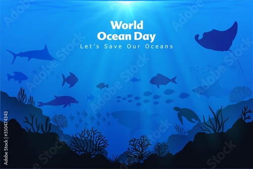 Let's save our oceans. World oceans day design with underwater ocean, dolphin, shark, coral, sea plants, stingray and turtle.