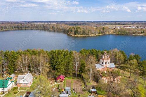 View from the drone of a half-dispersed church on the banks of the Uvodsky reservoir  Egoriy village  Ivanovo region  Russia.