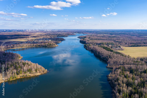 View from the drone of the Uvodsky reservoir on a spring day  Russia.