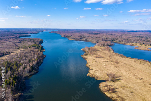 View from the drone of the Uvodsky reservoir on a spring day, Russia.