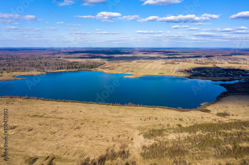 View from the drone of the Uvodsky reservoir on a spring day  Russia.