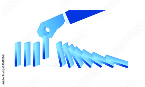 Hand takes one of domino boards to stop domino effect mean fast way to stop damage concept flat illustration Business about smart work flat illustration design