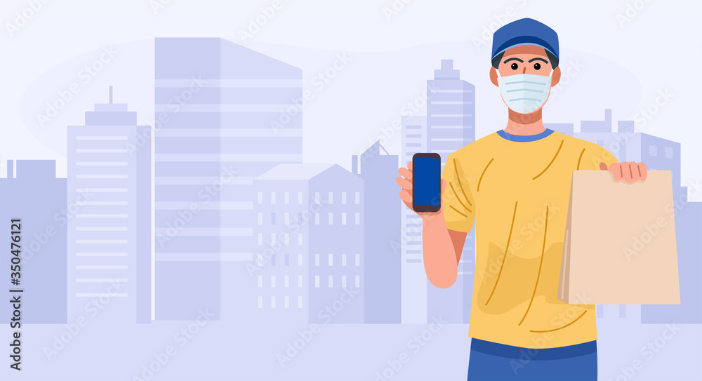 Delivery man wearing face mask holding smart phone and bag with food, vector Delivery man wearing face mask holding smart phone and bag with food, vector