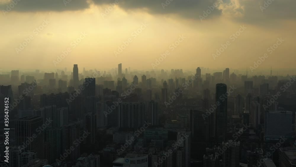 sunset time smog guangzhou central cityscape aerial panorama 4k china