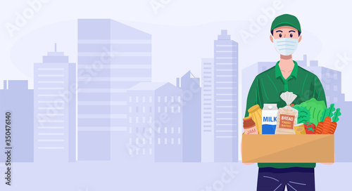 Delivery man wearing face mask delivering groceries, vector