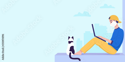 Work from home concept, A young man wearing face mask and sitting by the window and working on laptop. Vector