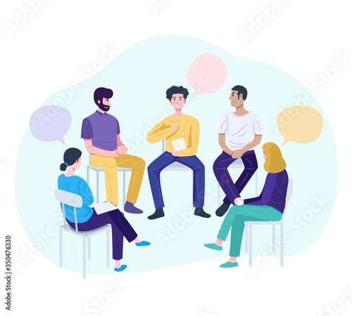 Therapy session concept, Young man sharing his problems at group meeting. Vector