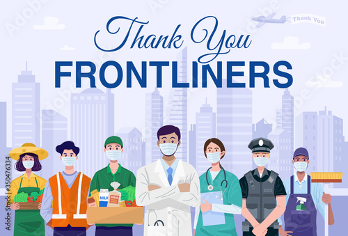Thank You Frontliners Concept. Various occupations people wearing face masks. Vector