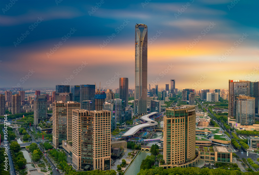 Obraz premium Aerial photography of CBD of Jinji Lake and East Lake in Suzhou City, Jiangsu Province, China