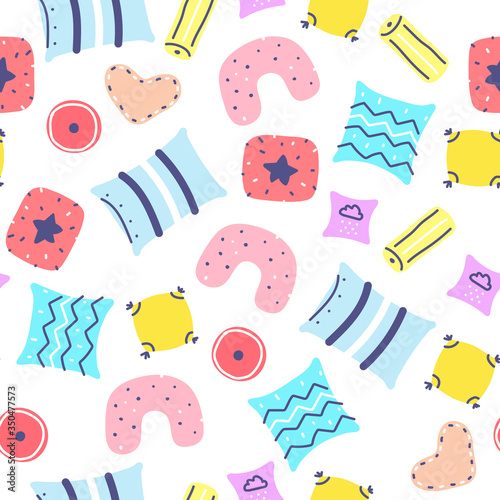 Scandinavian style pillows set seamless pattern. Different shapes Pillows with line ornament. Cute home interior decoration collection. Vector symbol of a cozy home, overnight parties, pillow fight