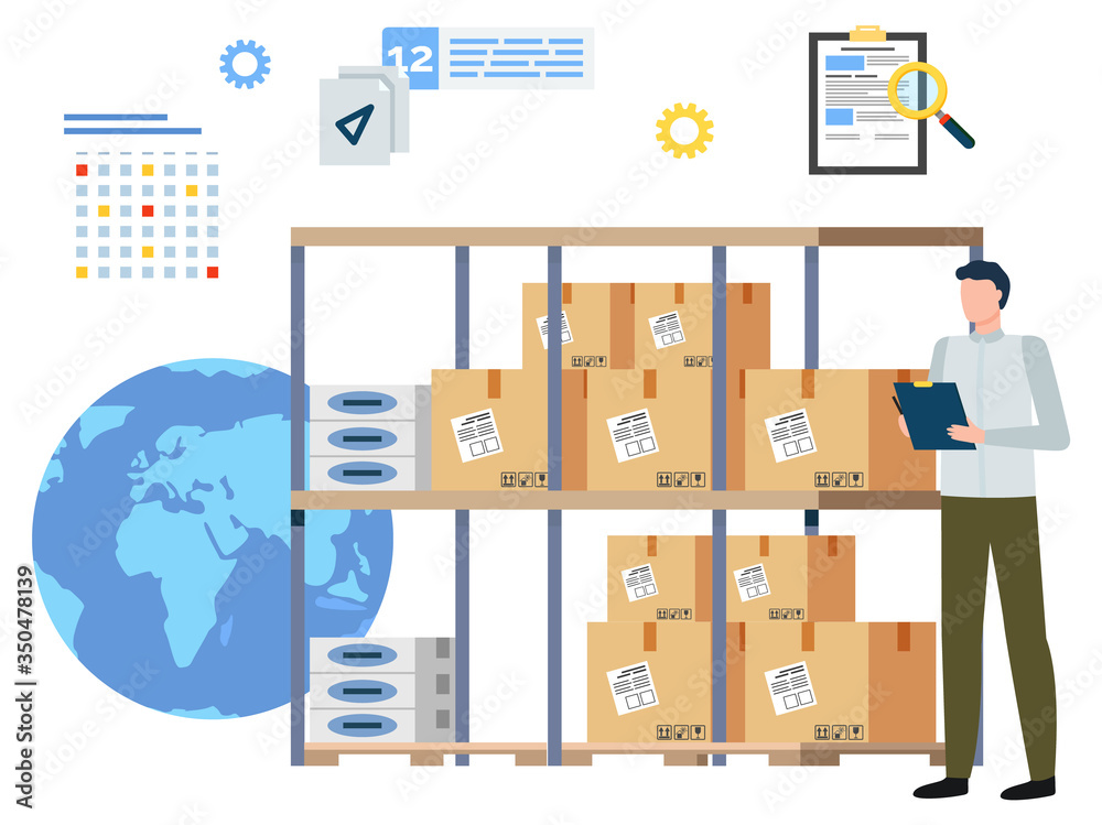 Male character checking number of parcels in warehouse. Man with notebook making checkup. Logistics and shipment of products in carton boxes. Globe and documents, calendar and tools, vector in flat