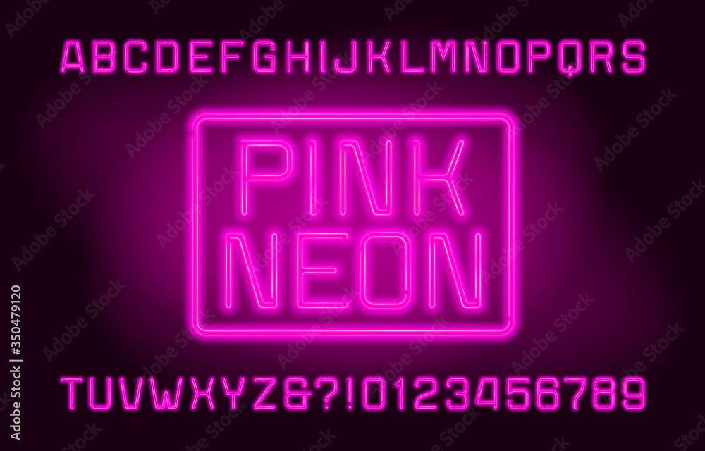 Pink Neon alphabet font. Vivid neon color letters and numbers. Stock vector typeface for your design.