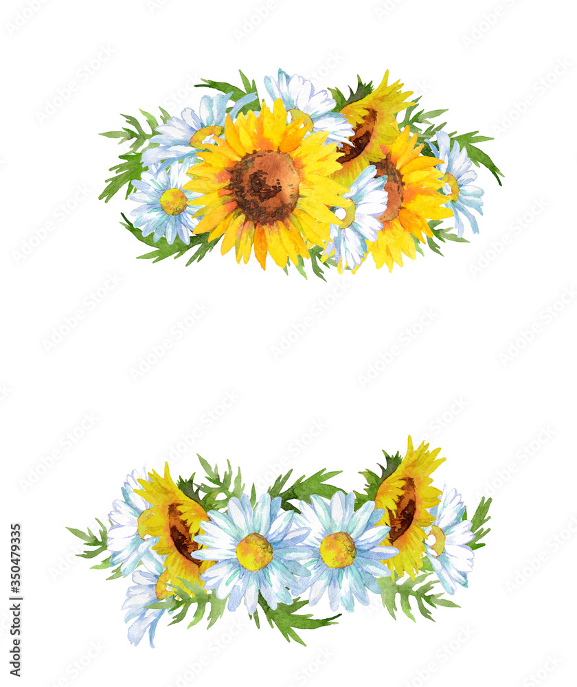 ヒマワリとデイジー水彩画 ヒマワリとデイジー水彩画