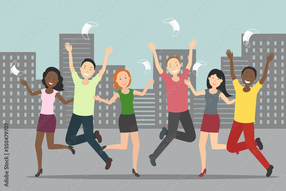 Fototapeta premium Multiethnic group of young people rejoice at quarantine cancellation. Vector illustration.