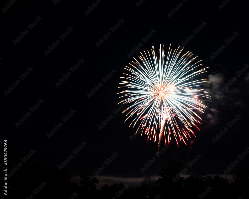 Fireworks lighting up lighting up low hanging smoke, silhouetting some trees