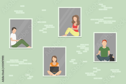 People stay in their apartments during quarantine period. Vector illustration.