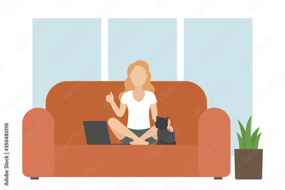 Woman sitting on couch and stroking cat. Vector illustration. Woman sitting on couch and stroking cat. Vector illustration.