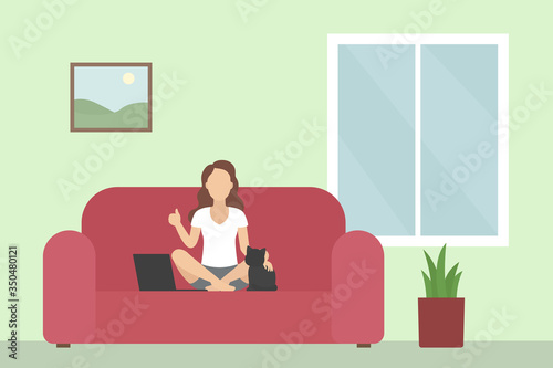 Woman sitting on divan and stroking cat. Vector illustration.