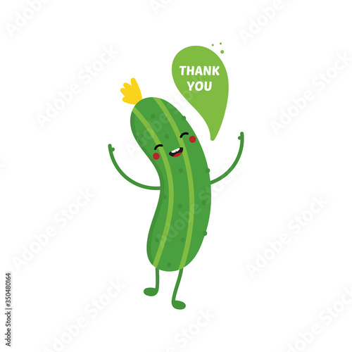 Cute vector cartoon style cucumber character with speech bubble, saying thank you, showing appreciation.