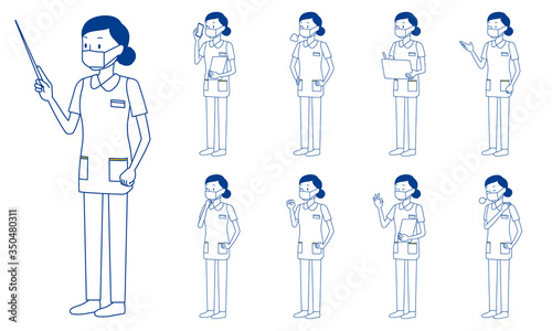 Healthcare worker (nurse) character set in 9 poses isolated vector illustartion