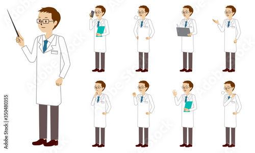 Healthcare worker (doctor) character set in 9 poses isolated vector illustartion