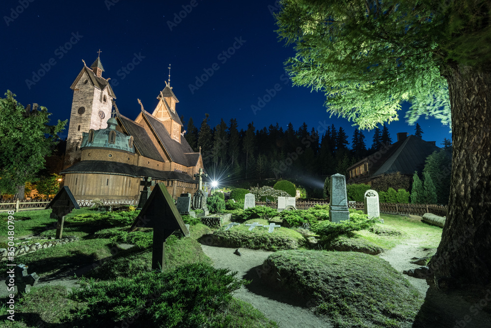 Vang Stave Church at night in Karpacz Poland