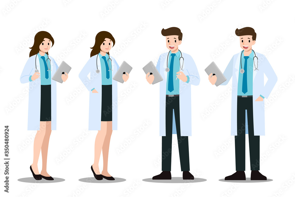 A set of man and woman poses doctor who wear lab coat, holding a clipboard and talk or presenting about corona virus or disease. Vector illustration design.