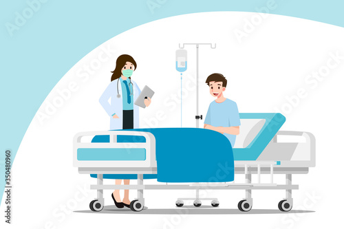 The doctors visit and treating the patient who resting on the bed in the hospital room. Medical Health care concept. Hospital ward set scene. Vector Flat Illustration design