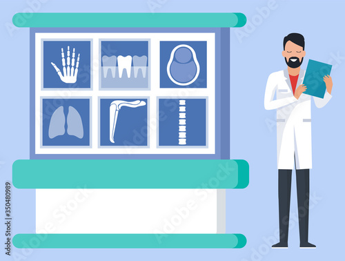 Magnetic resonance images of the brain, lungs, spine, hand, knee and tooth. Male doctor in medical uniform with beard in X ray cabinet in the clinic vector