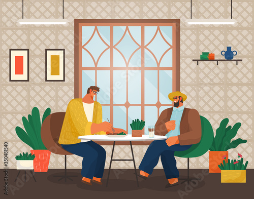 Cafe or coffee house, men talking eating out, modern place interior, drink and snack vector. Men chat and eat salad, have rest or relax. Restaurant in loft style, guy drinking coffee illustration