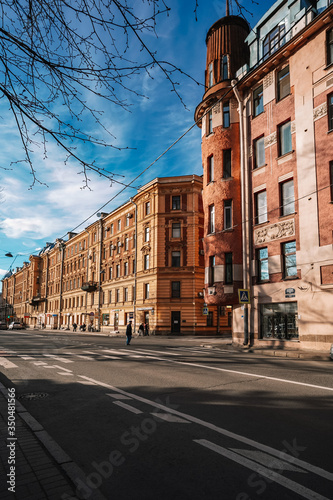 Empty streets of St. Petersburg, self-isolation from coronavirus, architectural monuments, spring Sunny day