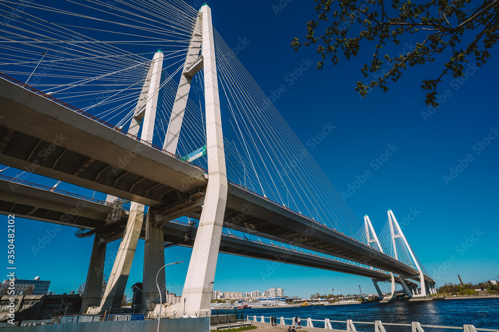 Fototapeta premium Cable-stayed road bridge against the blue sky, beautiful engineering solutions