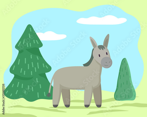 Domestic animal stand on ground on meadow or field. Donkey or mule with grey fur coat  rustic animal on farm. Village or countryside nature with spruces and trees. Vector illustration of livestock