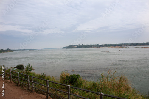 View landscape grand canyon biggest rock reef and movement water of Maekhong or mekong river while raining strom at Kaeng kabao of KaengKabao city in Mukdahan  Thailand