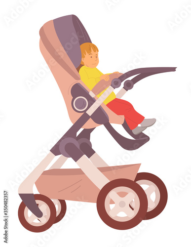 Toddler sitting in buggy vector, isolated child son in perambulator, flat style baby summertime fresh air, pram with calm kiddo outdoor walking stroll