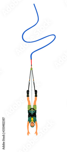 Bungee jumping sport man vector illustration isolated on white background. Extreme sportsman jumps on a rope from a great height. Ropejumping flight activity. Rope bungy jumping.