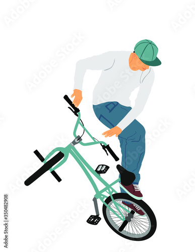 Bicycle stunts vector illustration isolated on white background.  Freestyle ace ride performed trail bike tricks. Young man doing tricks in the air on a BMX bike. Cyclist acrobat public entertainment.