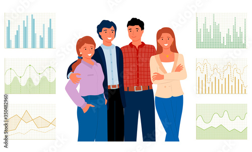 Employers working in team, cooperation and financial analytics concept. Vector data statistics, graphs and charts, business monitoring and investigation workers