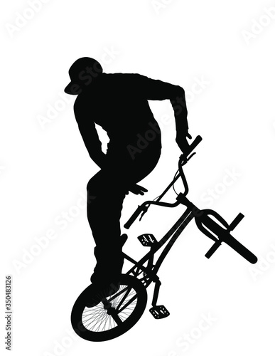 Bicycle stunts vector silhouette isolated on white background. Freestyle ace ride performed trail bike tricks. Young man doing tricks in the air on a BMX bike. Cyclist acrobat public entertainment.