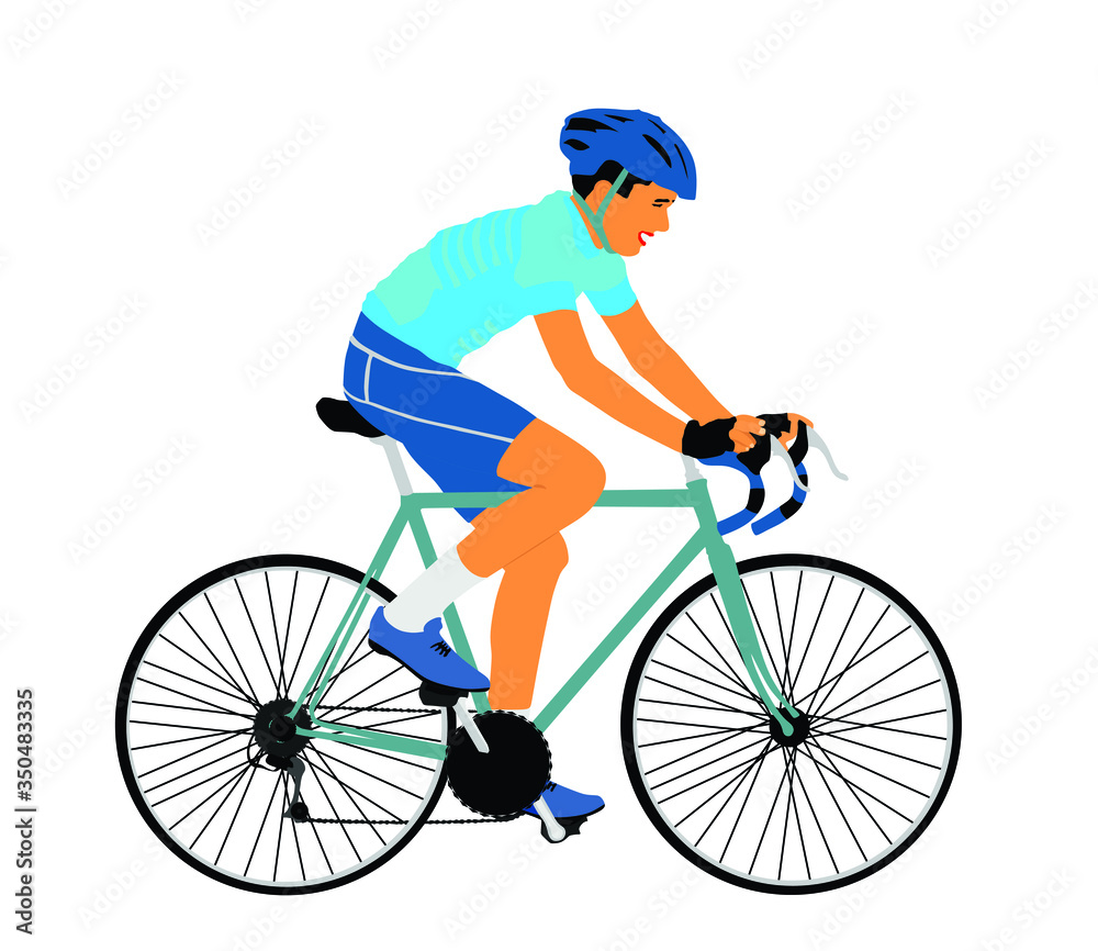 A male bicyclist riding a bicycle isolated against white background vector illustration. Sportsman in race. Giro, tour, competition. Man riding bicycle. Boy on bike with helmet. Biker outdoor race.