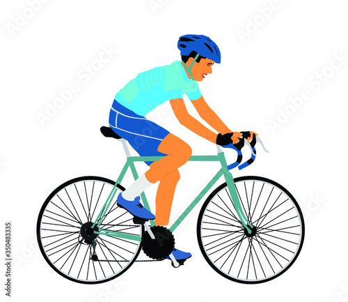 A male bicyclist riding a bicycle isolated against white background vector illustration. Sportsman in race. Giro, tour, competition. Man riding bicycle. Boy on bike with helmet. Biker outdoor race.