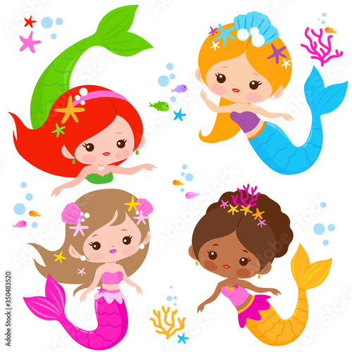 Beautiful mermaids and sea animals. Vector illustration