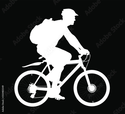 Male bicyclist riding a bicycle vector silhouette illustration isolated on black. Sportsman biker in race. Boy enjoy in bike drive with backpack. Sport man rider on mountain bike with protect helmet.