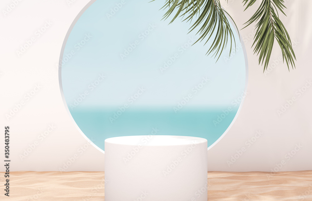 Natural summer beach backdrop with white cylinder box and palm tree for product display. Abstract 3d summer scene. sea view. Natural summer beach backdrop with white cylinder box and palm tree for product display. Abstract 3d summer scene. sea view.