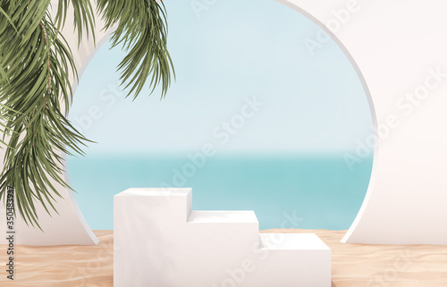 Natural summer beach backdrop with white stair and palm tree for product display. Abstract 3d summer scene. sea view. © mim.girl