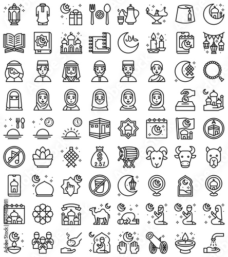 Ramadan festival related icon set, line style