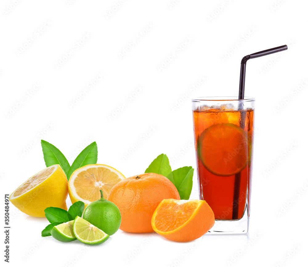 tea cocktail with lemon and ice on a white background
