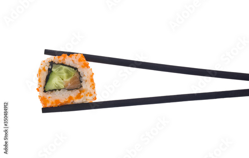 Sushi on black wooden sticks isolated on a white background close-up.